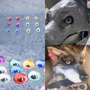 Puede incluir: Un collage de imágenes con varios ojos de vidrio en múltiples colores, incluyendo rojo, azul, amarillo y blanco. Una imagen muestra una cabeza de animal parcialmente construida con un ojo. Otra muestra una cabeza de lobo terminada con un ojo.