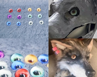 May include: A collage of images featuring various glass eyes in multiple colors, including red, blue, yellow, and white. One image shows a partially constructed animal head with an eye. Another shows a finished wolf head with an eye.