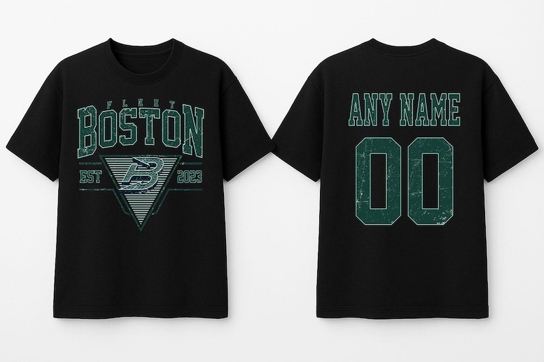 May include: Black t-shirts with a distressed green design. The front shirt displays "BOSTON" with a triangle graphic and "EST 2023". The back shirt has "ANY NAME" above the number "00".