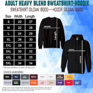 Puede incluir: Sudadera con capucha para adultos, negra, de mezcla pesada, con opciones de talla y color. La tabla de tallas muestra medidas en pulgadas, que van de la S a la 5XL. Los colores disponibles incluyen negro, azul marino, gris oscuro, granate, blanco, ceniza, chocolate oscuro, dorado, gris deportivo, verde bosque, azul claro, naranja, rosa claro, arena, morado, rojo y azul real.