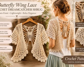 Häkelanleitung für eine Strickjacke mit Schmetterlingsflügeln (PDF), Boho-Shuffle mit offenem Rücken, Größen XS-3XL, Strickjacke mit Volantärmeln, Sofort-Download