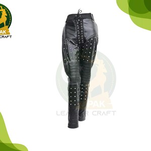 Vintage Black Leather Studded Pants for Women - Tight Lace-Up Biker Style Rugged Leather Trousers