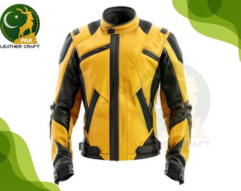 Yellow and Black Genuine Leather Biker Jacket: Men's Cowhide Motorcycle Jacket