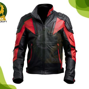 Men&#39;s Red and Black Leather Jacket Genuine men&#39;s Leather Jacket real Cowhide biker jacket Motorcycle Jacket cosplay jacket Gift for Him