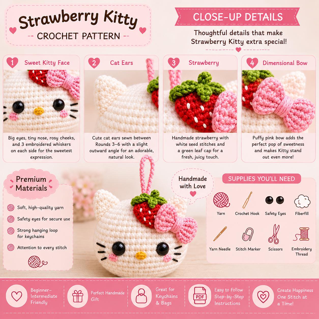 Strawberry Kitty Crochet Pattern, Mini Cat Keychain PDF - Etsy