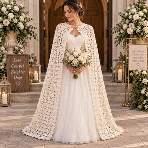 May include: A floor-length cream-colored crochet cape featuring an intricate openwork pattern and a small gold clasp at the neckline. The cape is worn over a strapless white gown, and the garment is adorned with small white beads along the hem.