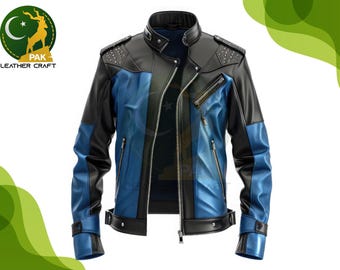 Blue & Black Cowhide Leather Biker Jacket: Men's Motorcycle Cosplay Jacket