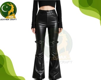 Black Cowhide Leather Bell Bottom Pants: Gothic Flare Trousers