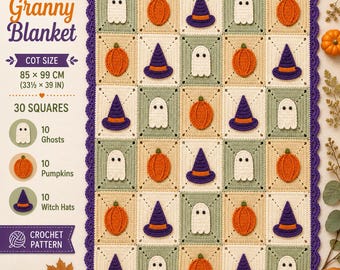 May include: A Halloween granny blanket crochet pattern featuring 30 squares with motifs of white ghosts, orange pumpkins, and purple witch hats. The blanket measures 33.5 by 39 inches and has a purple scalloped border. Text includes Halloween Granny Blanket.