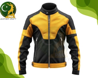 Mens Yellow & Black Cowhide Leather Biker Jacket: Motorcycle Cosplay