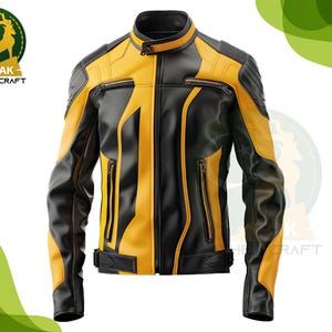 Mens Leather Jacket Yellow and Black Genuine men Leather Jacket real Cowhide biker jacket Motorcycle Jacket cosplay jacket