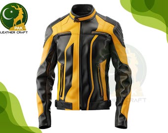 Mens Yellow & Black Cowhide Leather Biker Jacket: Motorcycle Cosplay