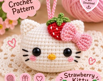 Strawberry Kitty Crochet Pattern, Mini Cat Keychain PDF