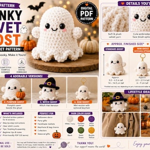Patrón de ganchillo PDF de fantasma de terciopelo grueso, fantasma amigurumi de Halloween, patrón digital 4 en 1