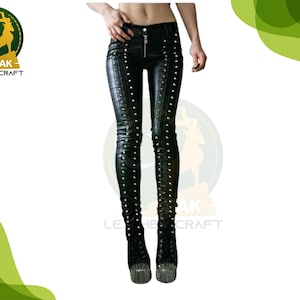 Leather Studded Biker Pants for Women - Vintage Black Tight Rugged Leather Trousers