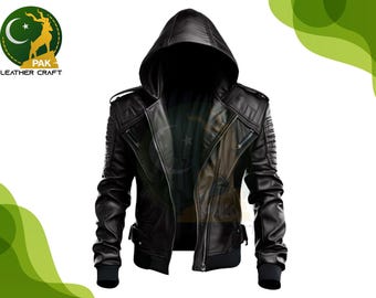 Handmade Cowhide Leather Hooded Cyberpunk Jacket: Gothic Moto Biker Style