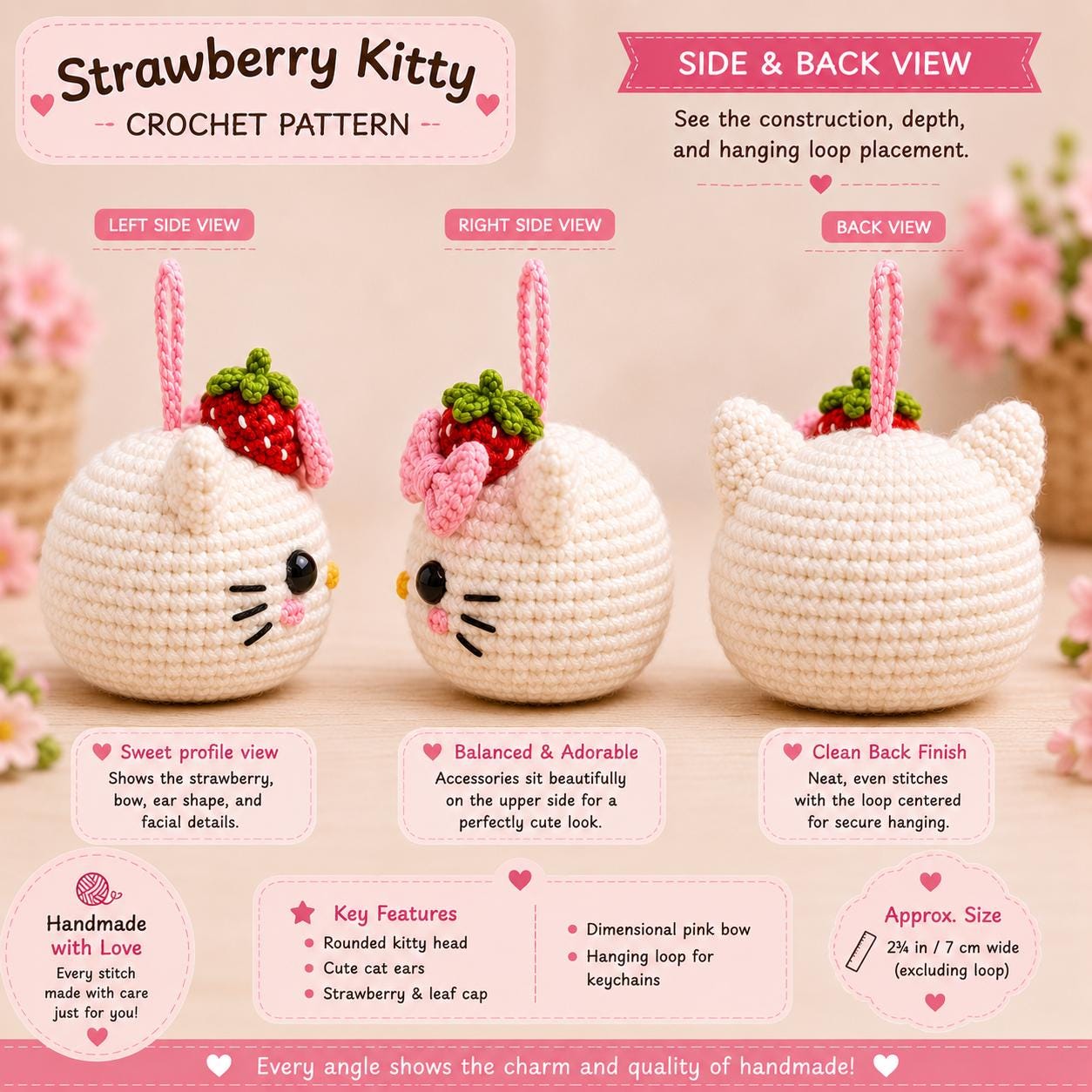 Strawberry Kitty Crochet Pattern, Mini Cat Keychain PDF - Etsy