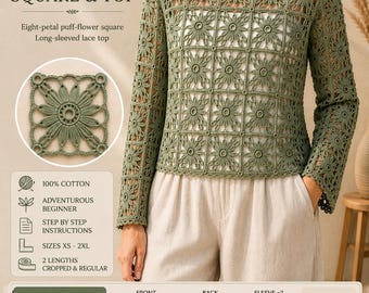 Crochet Granny Square Top Pattern PDF | Daisy Wheel Long Sleeve Lace Sweater | Boho Cottagecore Womens Top | Beginner XS-2XL
