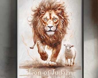 Lion of Judah Digital print with Lion and Lamb, Religious digital art, Wall decor, Lion, Lamb, Gold, Livingroom decor