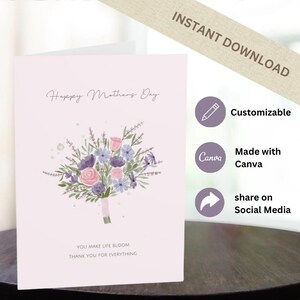 Plantilla editable para tarjeta del Día de la Madre / Tarjeta imprimible en Canva / Descarga instantánea / Regalo DIY para el Día de la Madre / Tarjeta de felicitación digital