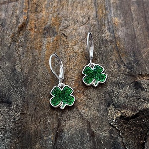 Shamrock Earrings: Green Glitter Four Leaf Clover, Nickel Free