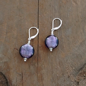Purple Murano Glass Earrings: Gold Foil, Silver Leverback