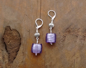 Purple Murano Glass Earrings: Silver Leverback, Gold Foil