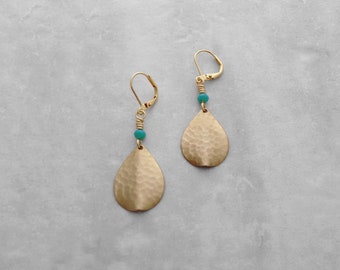 Gold Earrings, Gold Jewelry, Hammered Brass, Pale Turquoise Blue, Rondelle, Faceted, Versatile Earrings, Animal Rescue, Sundance Inspired