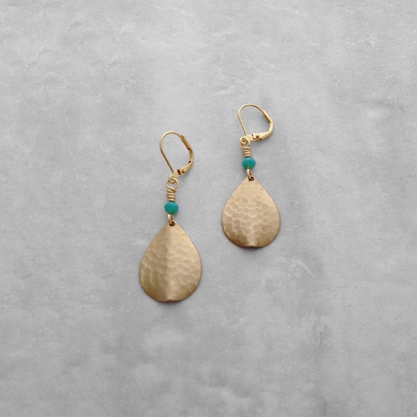 Gold Earrings, Gold Jewelry, Hammered Brass, Pale Turquoise Blue, Rondelle, Faceted, Versatile Earrings, Animal Rescue, Sundance Inspired