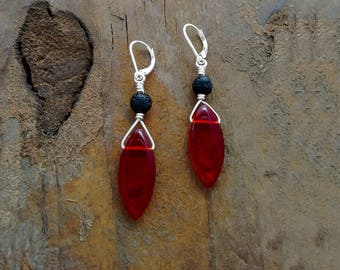 RED EARRINGS, Red Jewelry, Red Briolette Earrings, Leverback, Pierced Earrings, Shop For A Cause, Stylish Gifts, Fashion, Black Lava Stone