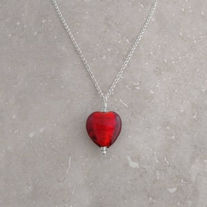 Red Murano Glass Heart Necklace - Venetian Silver Filled Pendant