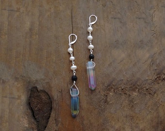 Quartz, Titanium Crystal, Quartz Jewelry, Angel Aura Quartz, Long Earrings, Raw Stone Jewelry, Rainbow Crystal, Boho, Healing Crystals