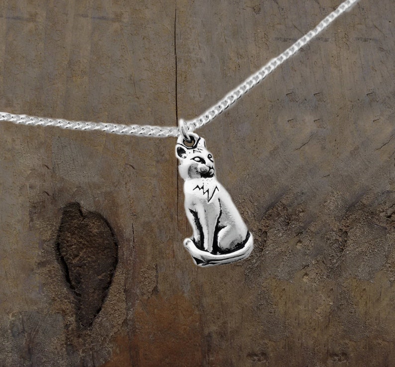 May include: A silver chain necklace with a silver cat pendant. The cat is sitting with its tail curled around its legs. The cat has a lightning bolt on its chest.