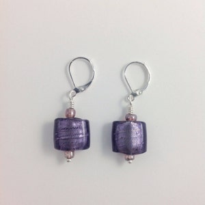 PURPLE EARRINGS - Murano Glass Earrings, Murano Jewelry, gold foil, silver lever-back, special gift, fashionable gifts, ilovemydogjewelry