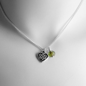 Celtic Heart Necklace: Peridot Green Czech Glass Stone, Animal Rescue