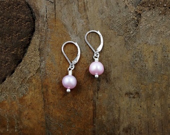 Tiny Pink Earrings, Leverback Earrings, Wedding Jewelry, Special Gift For Friend, Pearl Earrings, Pink Jewelry, Pink, Classic Jewelry