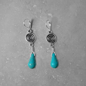 TURQUOISE EARRINGS, boho earrings, lever-back earrings, dangle earrings, everyday earrings, silver swirls, stylish gift ideas, howlite image 1