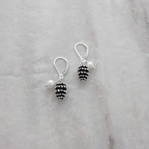 Silver Pinecone Earrings with Pearl: Nature Jewelry Gift