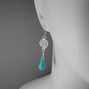 TURQUOISE EARRINGS, boho earrings, lever-back earrings, dangle earrings, everyday earrings, silver swirls, stylish gift ideas, howlite image 2