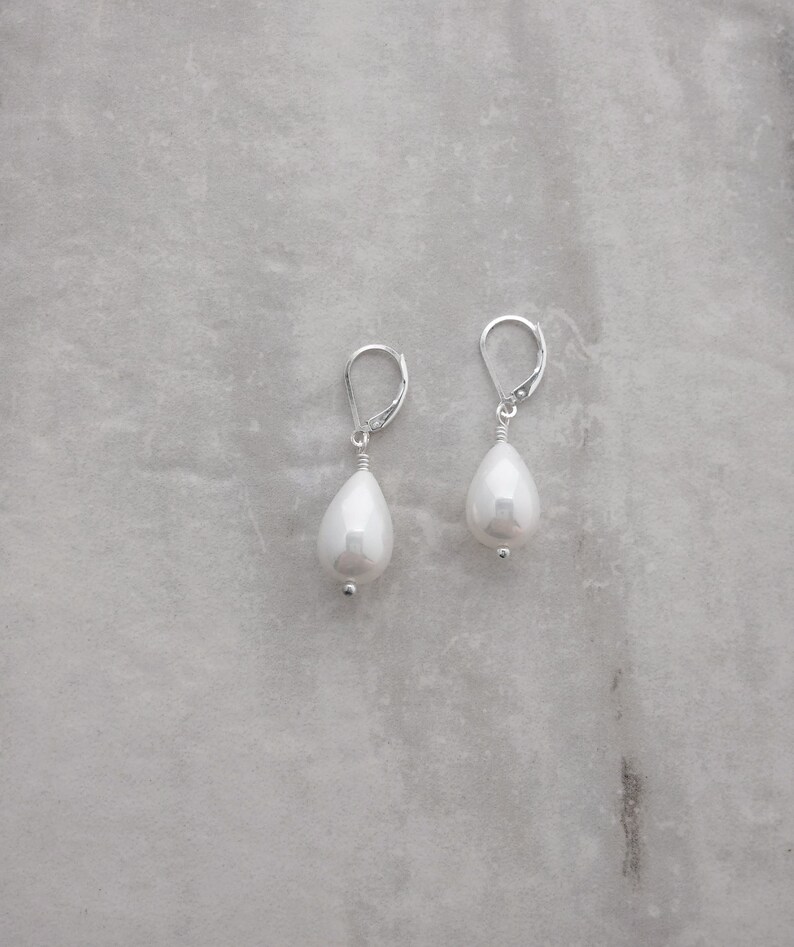 White Pearls Earrings Jewelry Sophisticated Earrings Under 25 Dollars Bridal Jewelry Leverback Earrings Hypoallergenic Jewelry image 3
