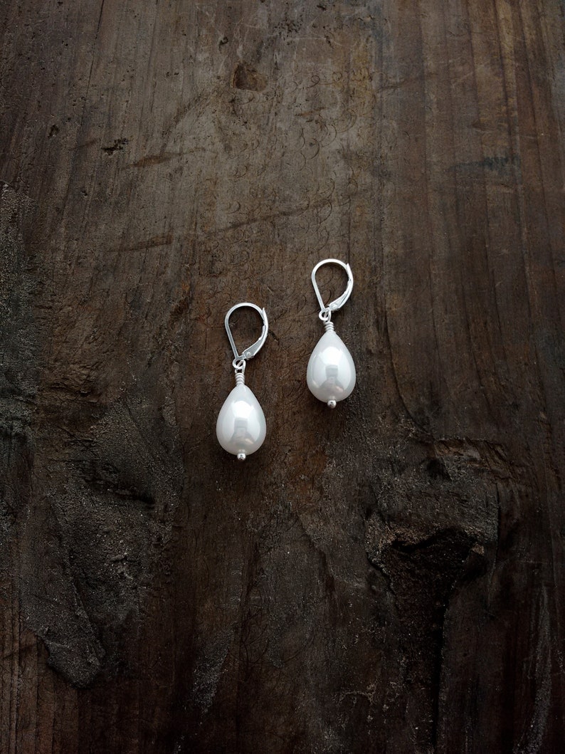 White Pearls Earrings Jewelry Sophisticated Earrings Under 25 Dollars Bridal Jewelry Leverback Earrings Hypoallergenic Jewelry image 2