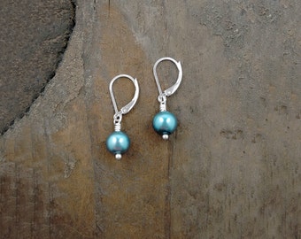 Teal Blue Pearl Leverback Earrings: Nickel-Free Hypoallergenic Jewelry