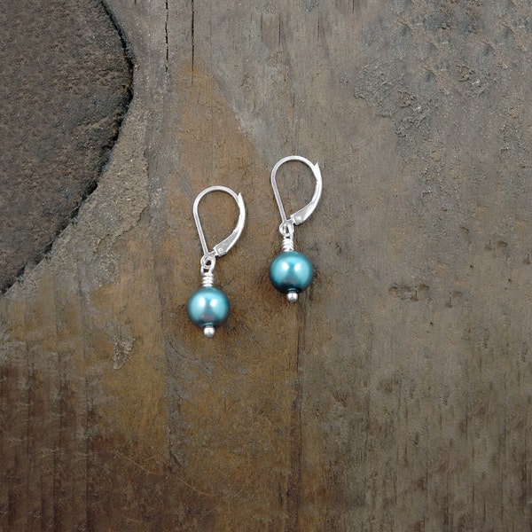 Teal Blue Pearl Earrings, Leverback Earrings, Teal Blue, Beach Weddings, Special Gift, Nickel Free Jewelry, Hypoallergenic