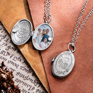 Custom Photo Witch Locket Necklace, Vintage Moon Broom Closet Pentacle Pendant, Witchy Jewelry Birthday Mothers Day Gift for Mom Wife