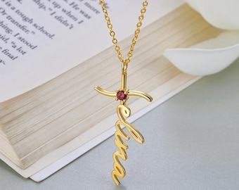 Custom Name Birthstone Cross Necklace for Women, Sterling Silver Christian Jewelry, Baptism First Communion Christmas Gift for Her
