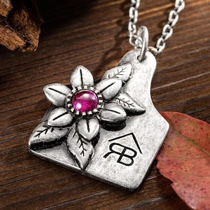 Custom Cow Tag Necklace with Birthstone & Initials – Sterling Silver or Brass Cattle Tag – Western Cowgirl Jewelry Gift for Women