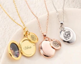Personalized Birth Flower & Photo Necklace, Custom Oval Locket with Name, Picture Pendant, Birthday Gift for Mom Grandma Wife Valentine’s