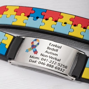 Personalized Autism Medical Alert Bracelet for Kids & Adults, Custom Engraved Emergency ID Silicone Wristband, Autism Awareness Gift