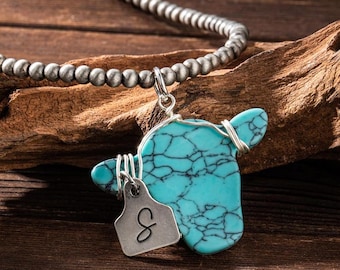 Gepersonaliseerde Western Cow Head-ketting; Parelsieraden in Navajo-stijl; Aangepaste initiaal Cow Tag-hanger; Cadeau voor koeienliefhebber