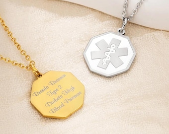 Personalized Medical Alert Necklace, Engraved Medical ID Pendant, Emergency Allergy Diabetes Epilepsy Info Necklace, Safety Gift for Family